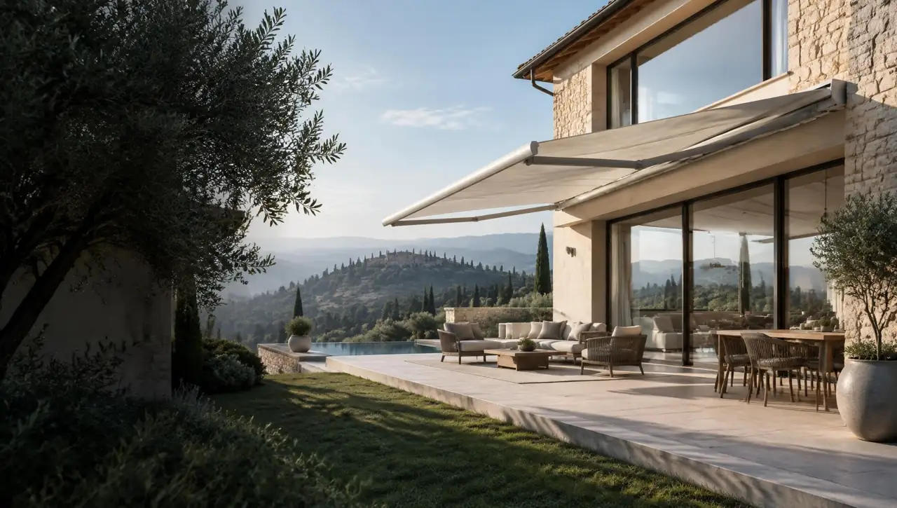 Villa con tenda da sole su una terrazza luminosa